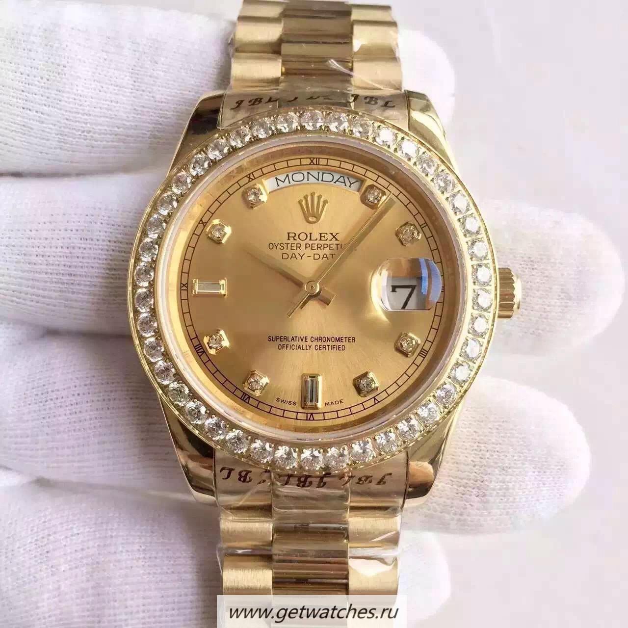 Fake R01ex Day-Date II 218348 41mm KWF Yellow Gold & D1am0nds Champagne Dial 3255