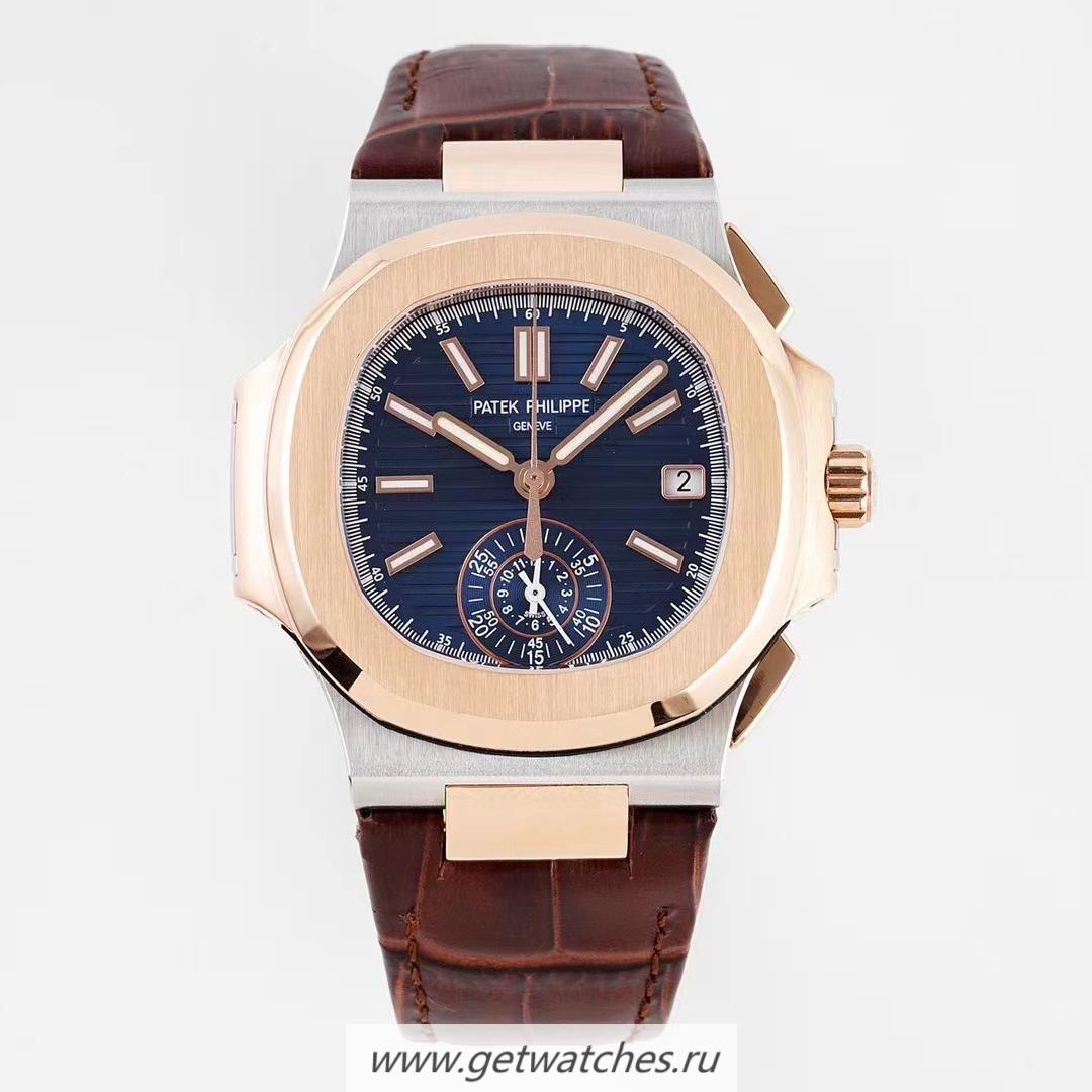 Replica Pat*k Phi1i*pe Nautilus Chrono 5980 3KF V2 Rose Gold & SS Blue Dial Leather Strap CH28-520C