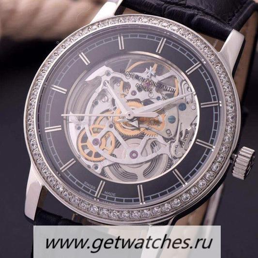High Quality Vacheron C0nstan1n Patrimony SS & D1am0nds Skeleton & Black Dial 2824