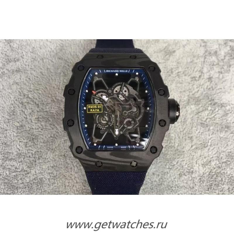 NEW Replica Richard Mille RM35-01 Rafael Nadal Forged Carbon Skeleton Blue Dial Blue Nylon Strap M9015